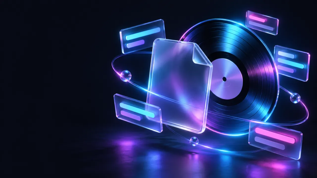 An abstract glowing violet album sleeve beside pink metadata lines on a dark background with no text