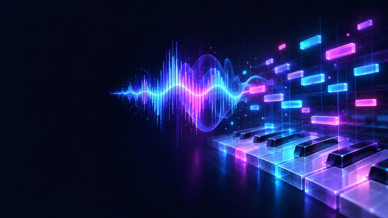 A glowing cyan waveform resolving into violet piano-roll blocks against a dark background with no text