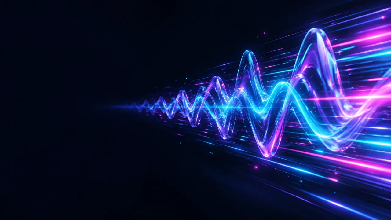 Pink and violet neon waveforms racing across a dark background with abstract glowing trails and no text