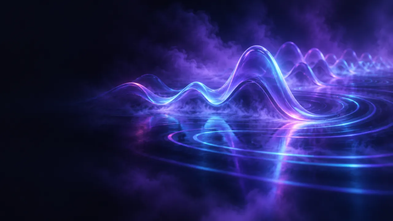 Soft violet and blue neon ripples fading into a dark, hazy space with abstract reflections and no text